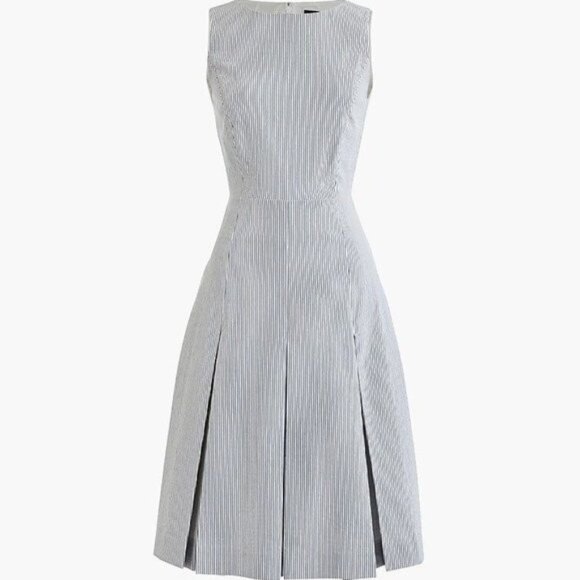 NWT J.Crew Pleated A-line in Blue White Stripe Stretch Seersucker Dress 16 - Picture 1 of 9